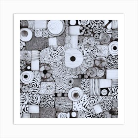 A black and white drawing of a bunch of different shapes Art Print