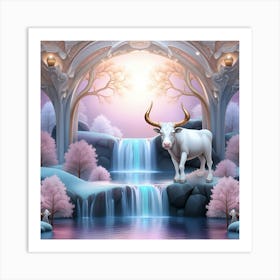 Ox In A Waterfall Art Print