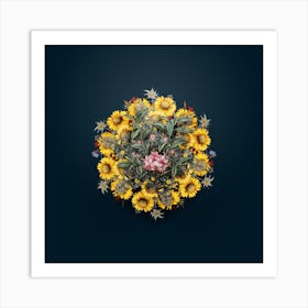 Vintage Azalea Flower Wreath on Teal Blue n.1594 Art Print