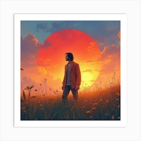 Keanu Reeves In A Vibrant Watercolor Sunrise Over A Peaceful Meadow Art Print