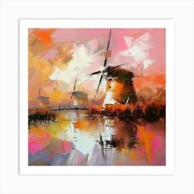 A square abstract landscape featuring a windmill 1 Art Print