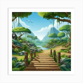 Jungle Scene With Wooden Bridge Art Print