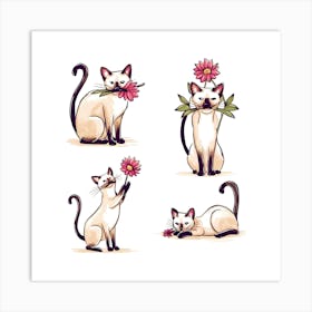 A charming and whimsical illustration of a Siamese cat in four distinct poses, 1 Art Print