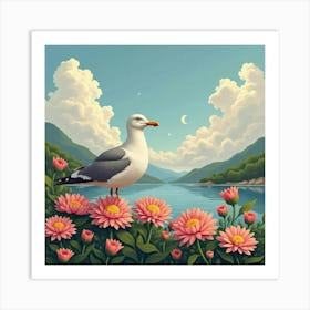 Seagull Near Blooming Chrysanthemums 1 Art Print