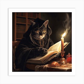 Gothic Dark Academia Cat with Grimoire Halloween Art Print