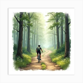 Mountain Bike On A Forest Path With Morning Mist Watercolor 1 Art Print