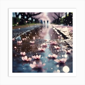 Raindrops and Fallen Cherry Blossom Art Print