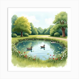 An English Park With A Scenic Pond And Ducks Swimming, Illustrated In Watercolor 1 Art Print