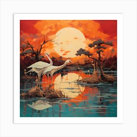 Celestial Waters: Two Cranes in a Gold and Turquoise Sky Art Print