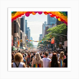 Crowds Of People In Rainbow Attire Fill The Streets Of A Bustling Urban Center At The Multiracial Pr (2) Art Print