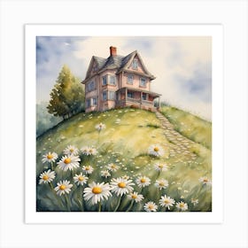 Watercolor Of A House With Daisies 1 Art Print