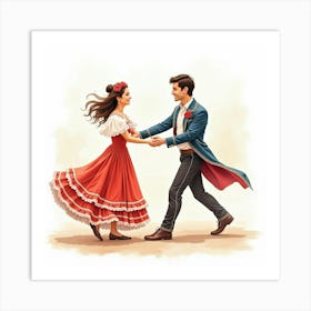 Spanish Dancers In Traditional Costumes, Painted In Soft Watercolor Hues Art Print