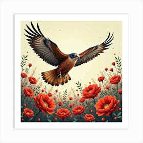 Falcon Flying Over Red Flowers 1 Art Print