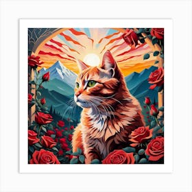 Cat In Roses 1 Art Print