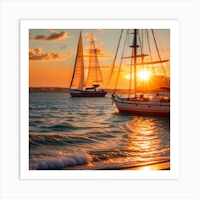 Sailboats At Sunset Art Print