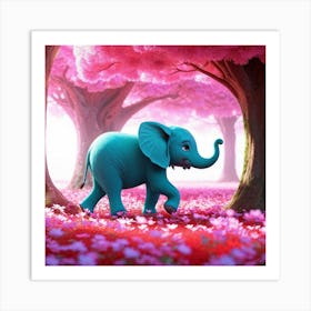 Round Turquoise Elephant Calf Wandering Through A Surreal Forest Brimming With Radiant Pink Flora F Art Print