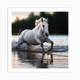 White Horse Running In Water 5 Art Print