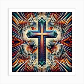 "Harmony in Symmetry: The Sacred Cross" - This image is a powerful representation of the cross, a symbol of faith and spirituality, depicted through a symphony of intricate patterns and vibrant gradients. The flowing lines and feather-like structures emanate from the central figure, creating a sense of movement and depth. The rich tapestry of colors transitions smoothly from warm golds to cool blues, embodying the cross as a beacon of hope and divine presence. It's an art piece that speaks to the soul, ideal for those seeking to bring an element of peace and contemplation into their space. This visually stunning creation combines traditional symbolism with a modern artistic twist, perfect for enhancing the sanctity of any environment. Art Print