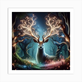 An Elegant, Luminous Stag With Its Antlers Morphing Into Tree Branches, Set Against The Backdrop Of A Mystical Forest Art Print