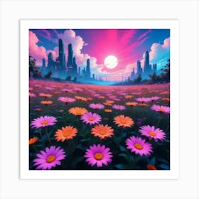 Cyberpunk Colorful Field Of Vibrant Pink Flowers Art Print