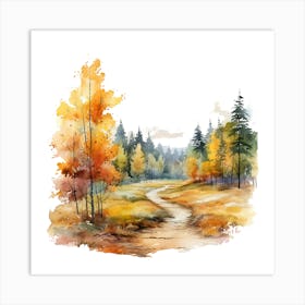 Watercolor Autumn Forest Path 1 Art Print