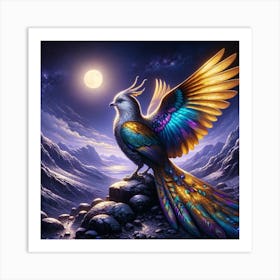 "Celestial Guardian: Mythical Splendor"  Discover "Celestial Guardian," a breathtaking digital print where myth meets majesty under moonlit skies. This vibrant artwork, featuring an eagle-like phoenix, is a masterpiece for fantasy art lovers. Its iridescent plumage and majestic stance make it a focal point in any room. Add this symbol of rebirth and power to your collection and let your imagination soar with the Celestial Guardian. Art Print