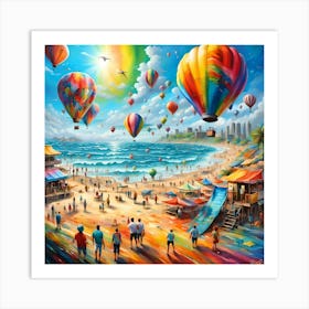 Hot Air Balloons Among Beachgoers Enjoying The Sea Art Print