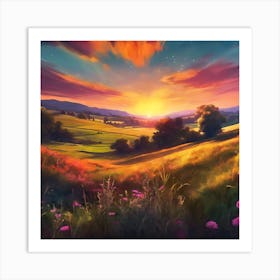 Evening Sunset across the Wild Flower Meadow Art Print