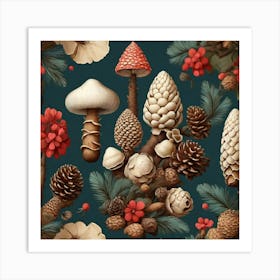 Aesthetic style, pine cones and mushrooms pattern Art Print