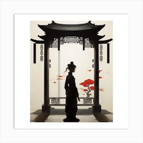 Woman 2. Kimono 3. Corridor 4. Red Umbrella 5. Traditional Asian Architecture 6. Intricate Carvings 7. Red Lanterns 8. Calm Expression. .woman standing in front of a traditional Asian-style archway, with a red umbrella in the background. The woman is dressed in a black kimono and has a serene expression on her face. The archway is adorned with intricate carvings and red lanterns, adding to the overall atmosphere of the scene. Art Print