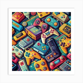 Colorful Seamless Pattern Of Vintage Game Controllers Art Print