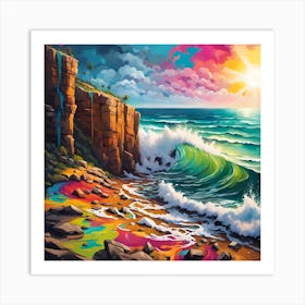 Waves Crashing At The Beach Cliffs' Majestic Embrace Art Print