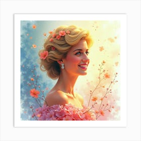 Princess Diana Smiling In A Watercolor Dream Of Colorful Blossoms And Light Art Print