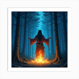 Shaman Summoning Spirits In A Glowing Forest At Night, Watercolor Design 1 Art Print