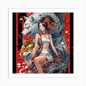 flowers Chinese Girl With Tiger and wolf Art Print