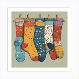 Socks Hanging On Clothesline Art Print