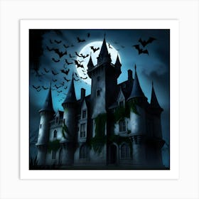 A Foreboding American Gothic Style Castle Stands Tall Amidst An Eerie, Moonless Night, Its Turrets And Spires Silhouetted Against A Dark, Gradient Blue Sky, With A Flurry Of Bats Taking Flight Around The Structure (3) Art Print