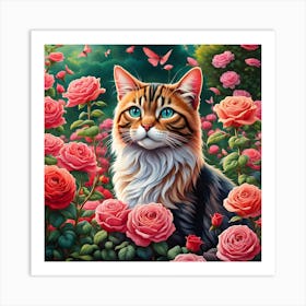 A Cat's Serenade Among the Roses Art Print