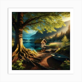 Log Cabin Beside A Lake Art Print