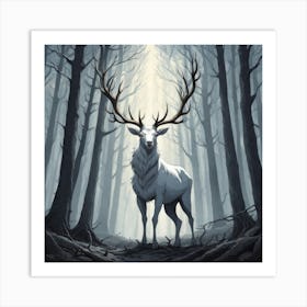 A White Stag In A Fog Forest In Minimalist Style Square Composition 66 Art Print