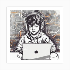 Boy With Headphones On Laptop Art Print