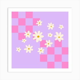 Daisies And Grids - pink and violet Art Print