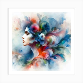 Watercolor Of A Woman With Flowers Art Print