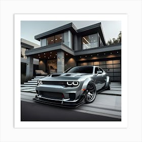 Silver Grey Dodge Hellcat With Full Body Kit In Front Of Modern House 3 Art Print