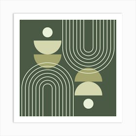 Modern Mid Century Sun, Moon Phases and Rainbow Abstract 30 in Forest Sage Green Art Print
