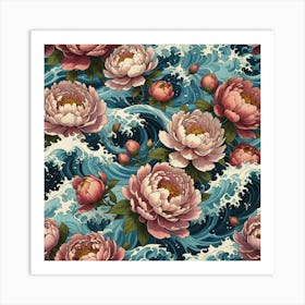 Peonies On The Waves Art Print