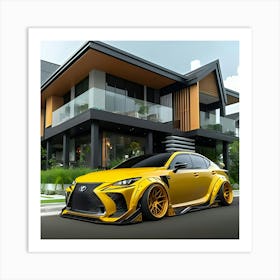 Yellow Toyota Lexus With Full Body Kit In Front Of Modern House 3 Art Print