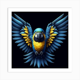 A Stunningly Detailed Digital Painting of a Vibrant Macaw Parrot with its Wings Spread Wide, Set against a漆黑背景, Creating a Captivating and Lifelike Portrait of this Exotic Bird's Beauty and Elegance. Art Print