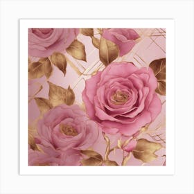 Seamless Pattern Of Elegant Rose Floral Motifs In Pink, Adorned With Gold Lines Art Print