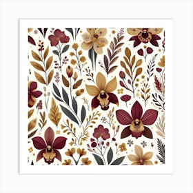 Scandinavian style,Pattern with yellow and burgundy Orchid flowers 1 Art Print